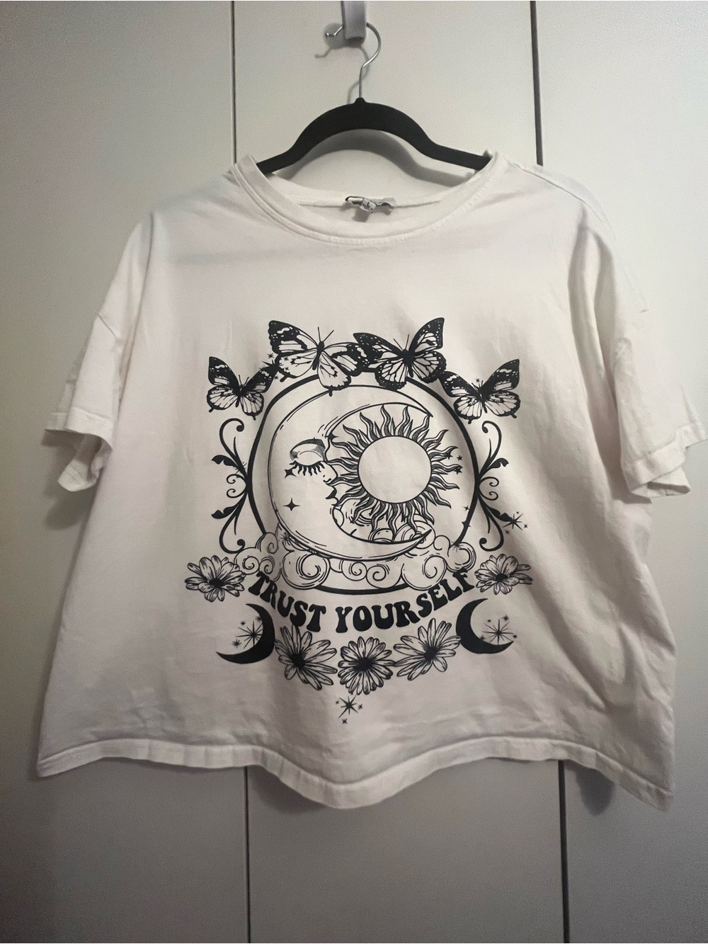 Faded Rose White Graphic Tee with Sun & Moon Butterfly Design. L. Celestial.
